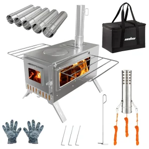 Unho Portable Wood Burning Tent Stove with 6 Chimney Pipes