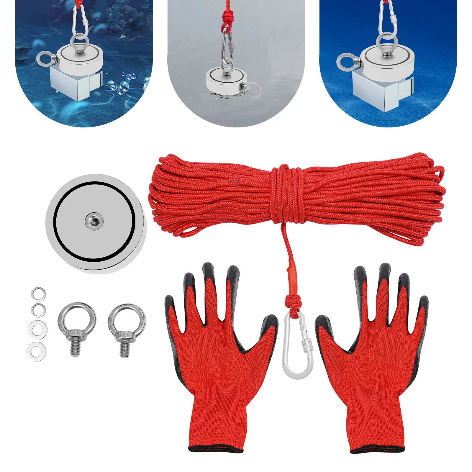 Heavy-Duty Salvaging Fishing Magnet Kit, net 2000 Pounds X6mmx30m Rope + gloves - Image 1