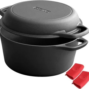 2-in-1 Pre-Seasoned Cast Iron Dutch Oven with Skillet Lid, 5 Qt, Outdoor Cooking
