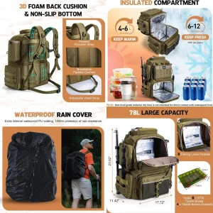 78L Waterproof Fishing Backpack with 4 Tackle Boxes, Cooler & Camp; Rod Holders
